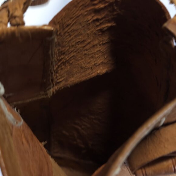 Vintage Moroccan Boho Fringe Bag Tan Leather Embroidered Crossbody - Picture 4 of 5